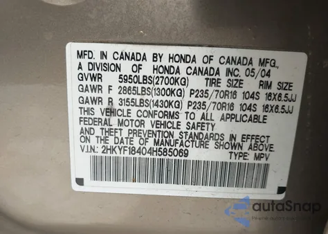 2004 Honda Pilot Ex из США, поврежденный, VIN 2HKYF18404H585069